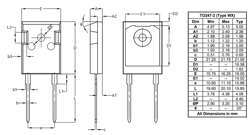 Mechanical Drawing - Diodes Incorporated DTHP60B07PT 60A Hyper-Fast Planar Rectifiers